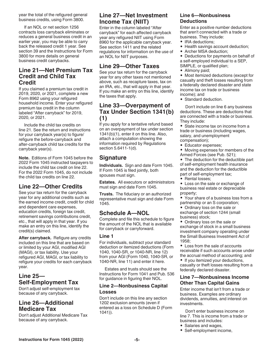 Instructions for IRS Form 1045 Application for Tentative Refund, Page 5