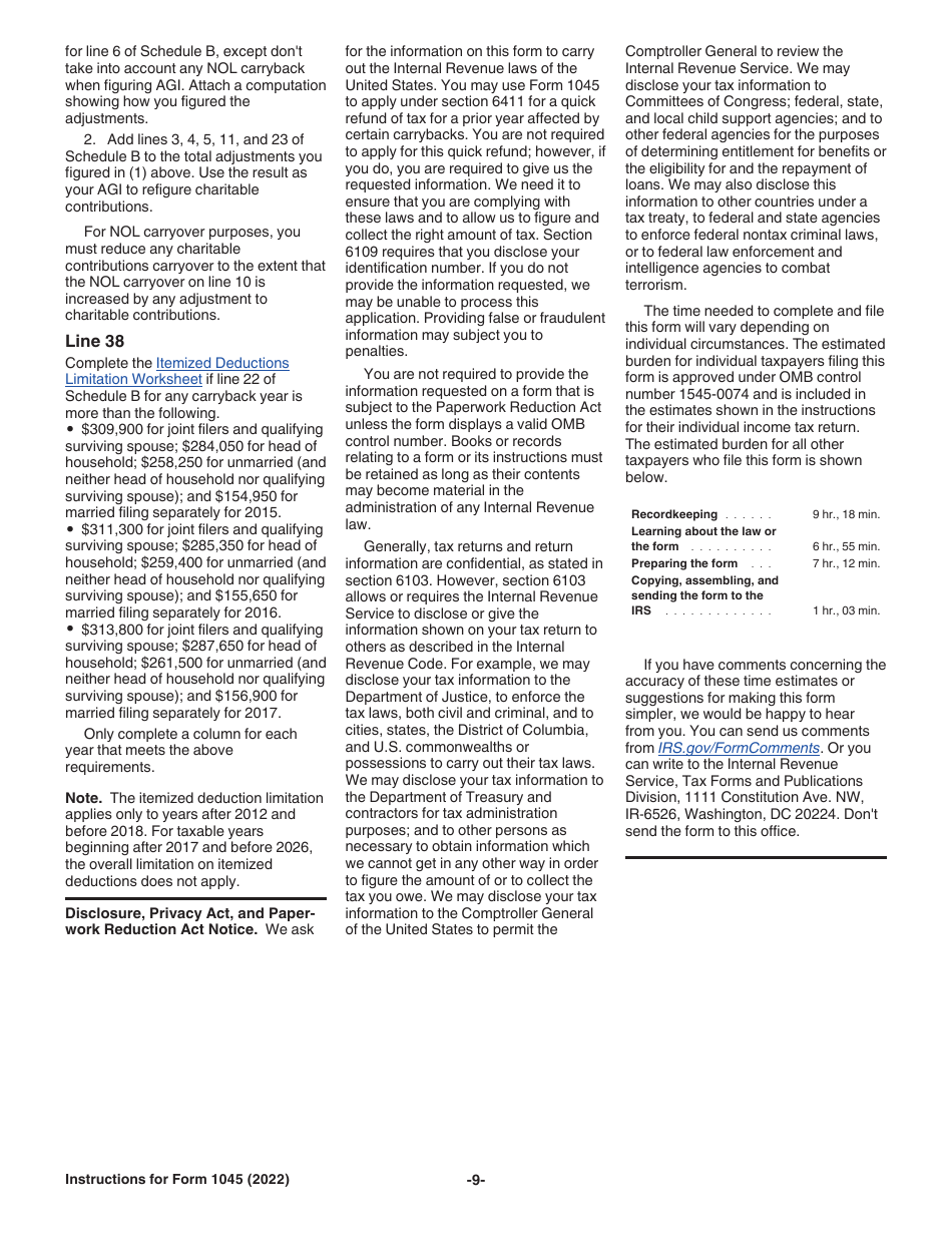 Instructions for IRS Form 1045 Application for Tentative Refund, Page 9