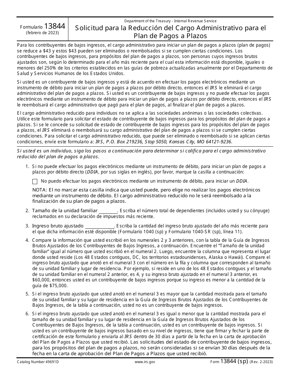 IRS Formulario 13844 Solicitud Para La Reduccion Del Cargo Administrativo Para El Plan De Pagos a Plazos (Spanish), Page 1