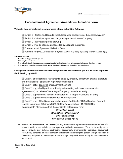 Encroachment Agreement Amendment Initiation Form - City of Fort Worth, Texas Download Pdf