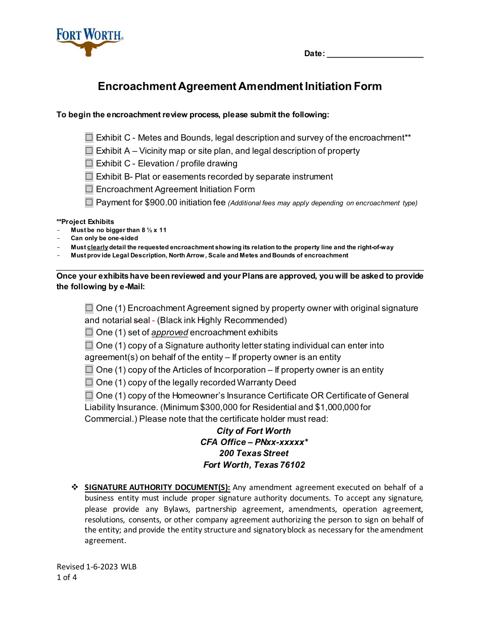 Encroachment Agreement Amendment Initiation Form - City of Fort Worth, Texas, Page 1