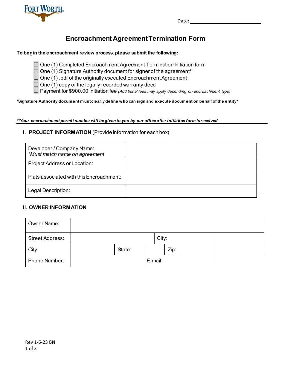 Encroachment Agreement Termination Form - City of Fort Worth, Texas, Page 1