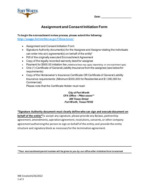 Assignment and Consent Initiation Form - City of Fort Worth, Texas Download Pdf