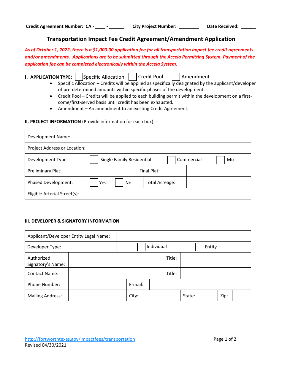 Transportation Impact Fee Credit Agreement / Amendment Application - City of Fort Worth, Texas, Page 1