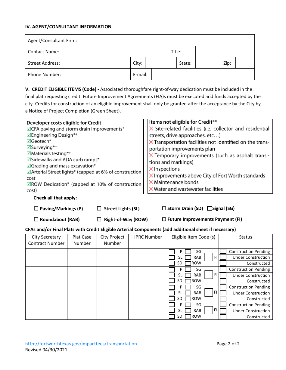 City of Fort Worth, Texas Transportation Impact Fee Credit Agreement ...