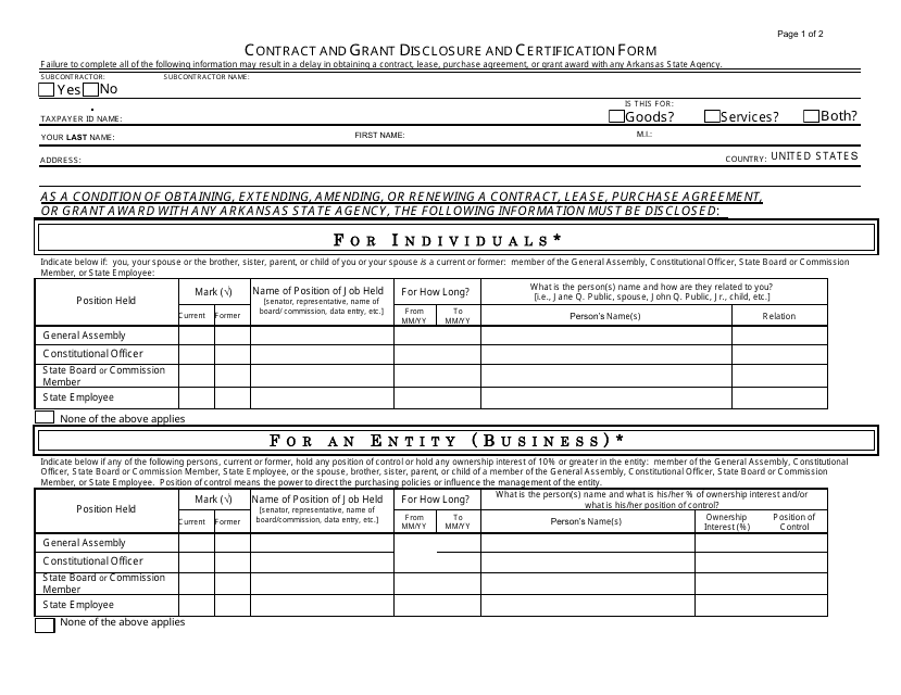 Contract and Grant Disclosure and Certification Form - Arkansas