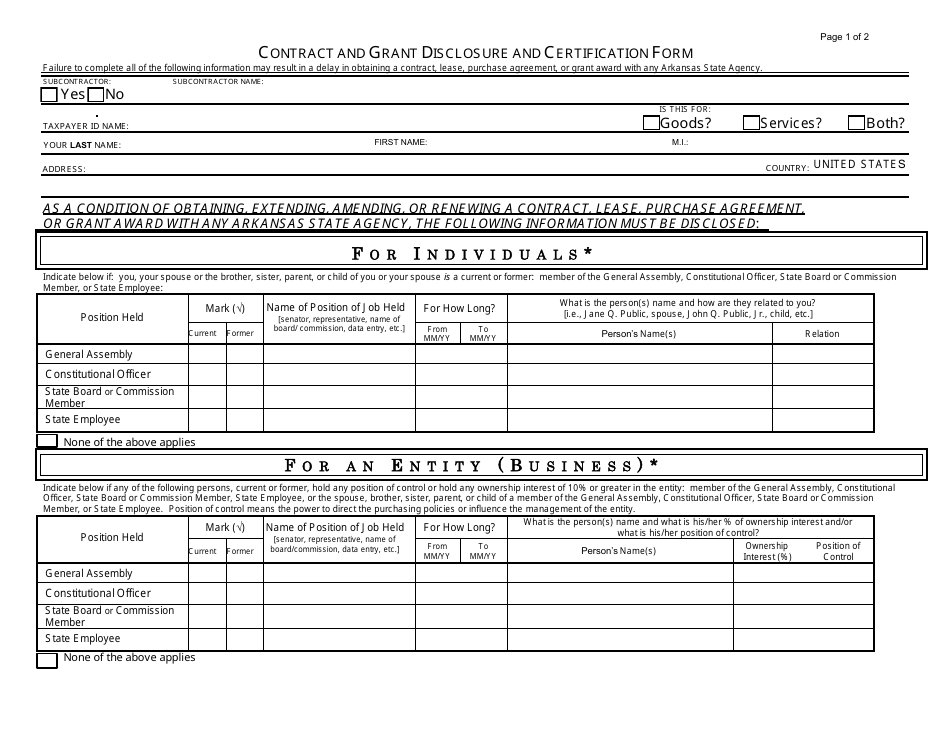 Contract and Grant Disclosure and Certification Form - Arkansas, Page 1