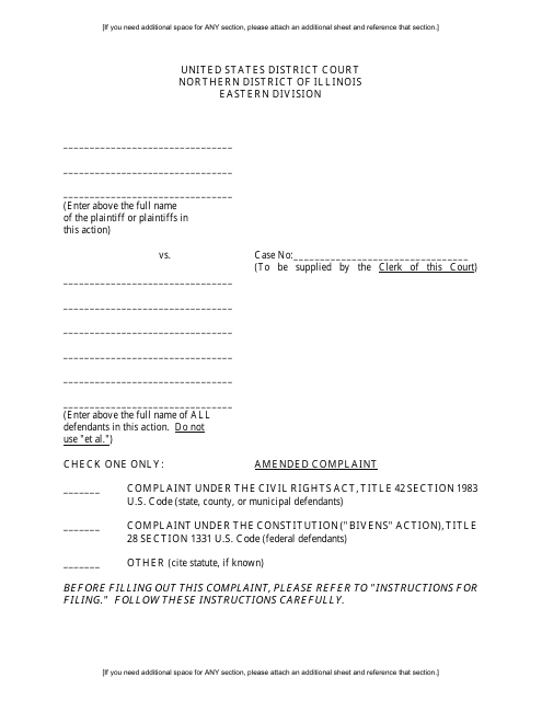 Amended Complaint Under the Civil Rights Act Against Federal, State, County, or Municipal Defendants (Eastern Division) - Illinois Download Pdf