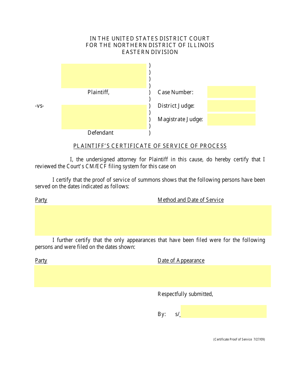 Plaintiffs Certificate of Service of Process (Eastern Division) - Illinois, Page 1