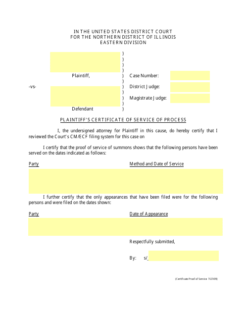 Plaintiff's Certificate of Service of Process (Eastern Division) - Illinois Download Pdf