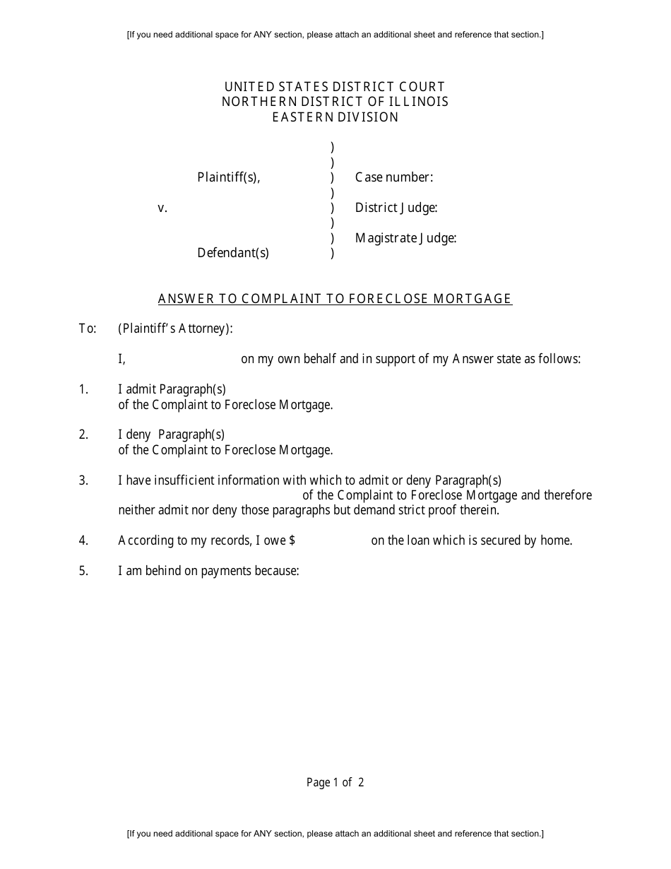 Answer to Complaint to Foreclose Mortgage - Illinois, Page 1