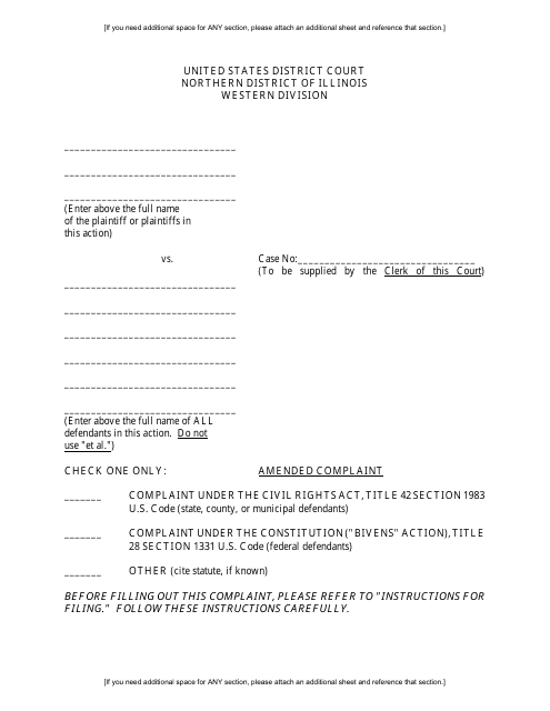 Amended Complaint Under the Civil Rights Act Against Federal, State, County, or Municipal Defendants (Western Division) - Illinois Download Pdf