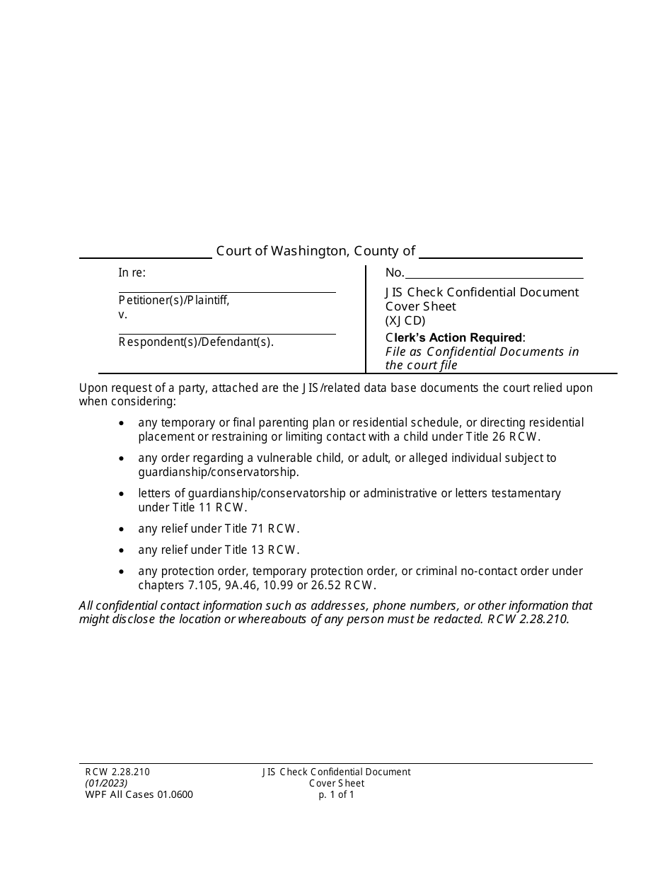 Form WPF All Cases01.0600 Jis Check Confidential Document Cover Sheet - Washington, Page 1