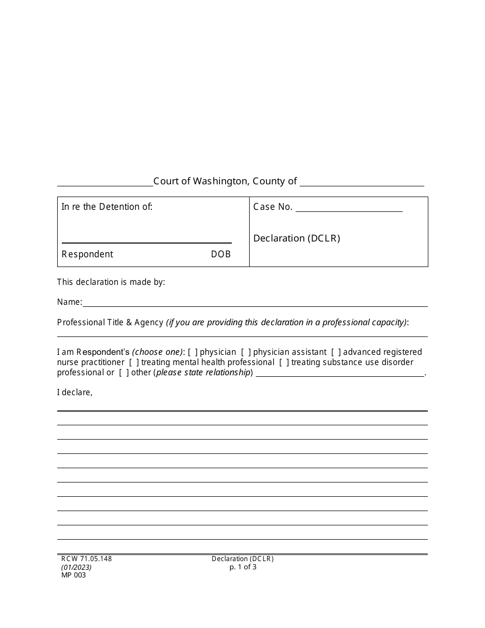 Form MP003 Declaration - Washington, Page 1