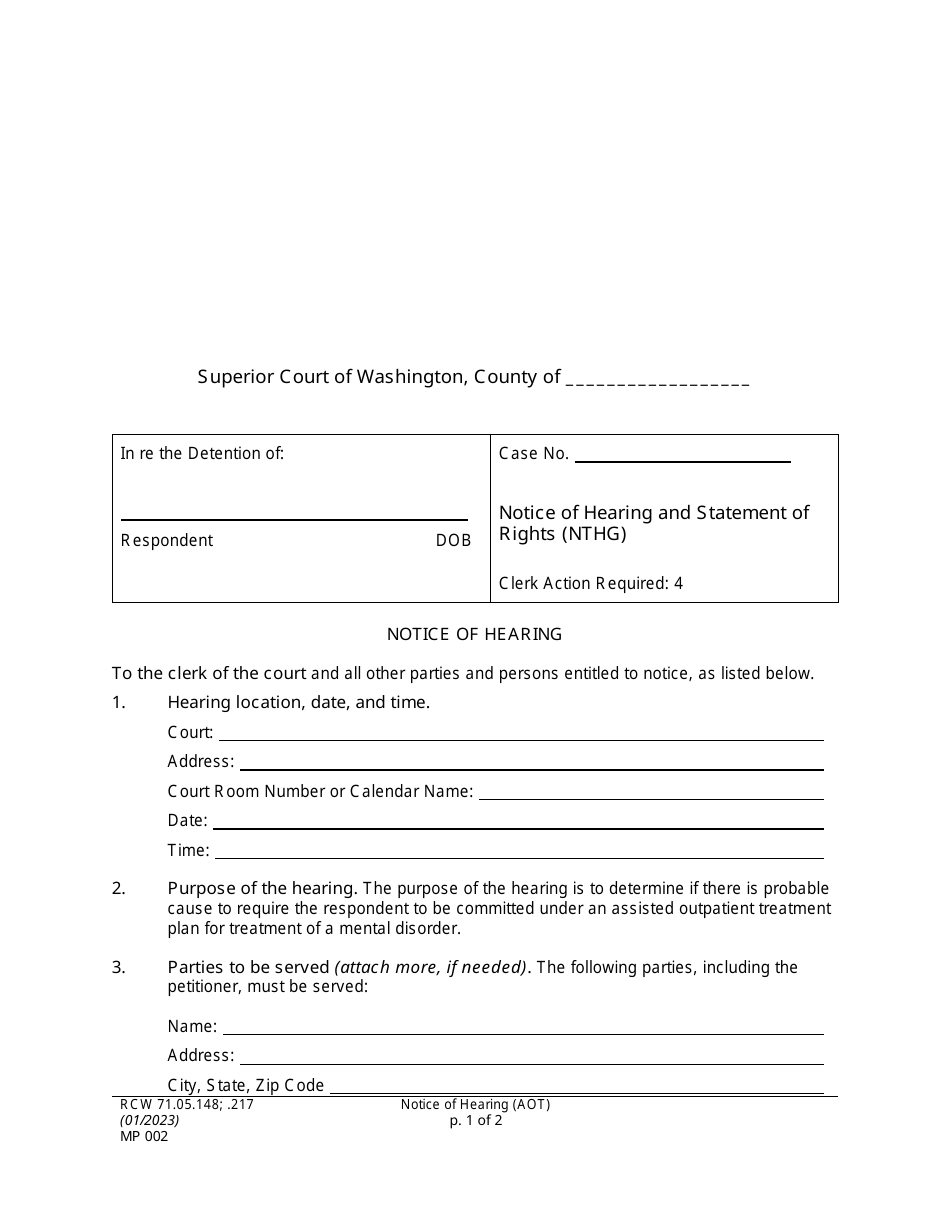 Form MP002 Notice of Hearing and Statement of Rights (Nthg) - Washington, Page 1