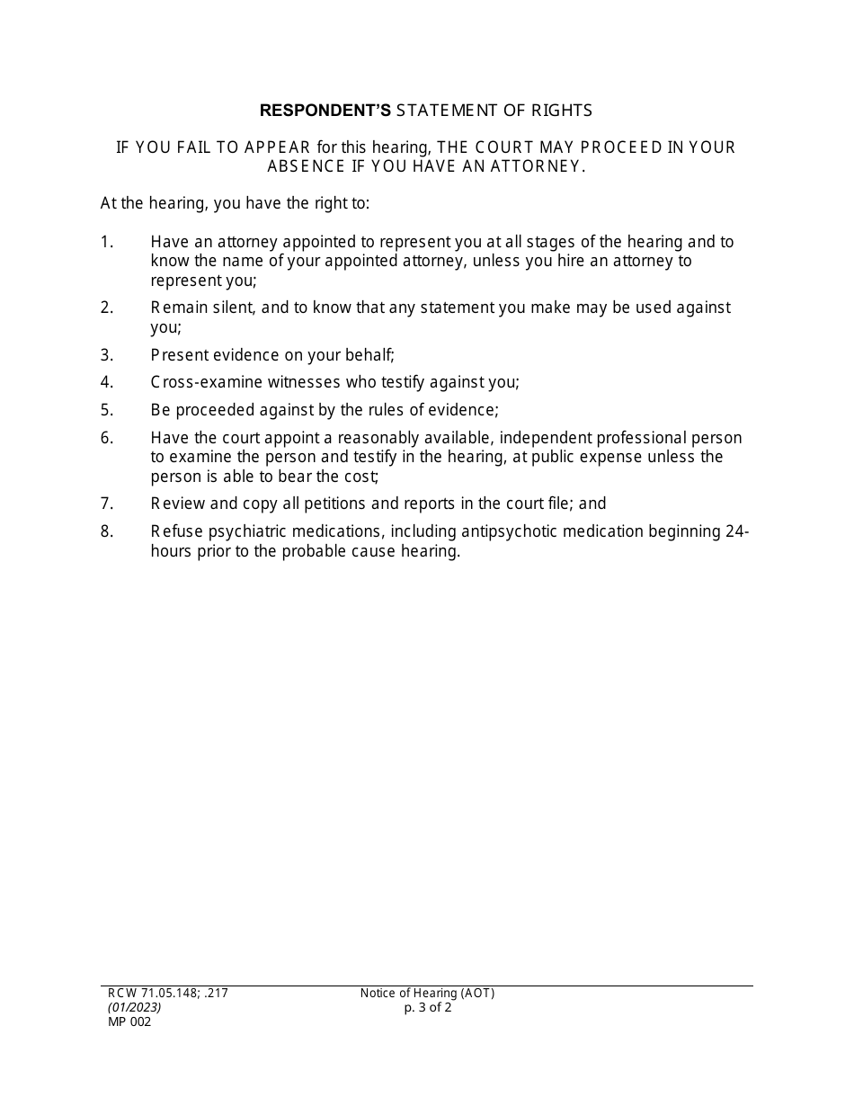 Form MP002 Notice of Hearing and Statement of Rights (Nthg) - Washington, Page 3
