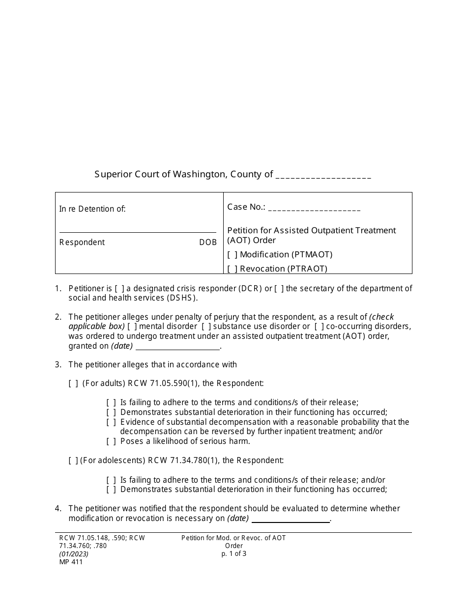 Form MP411 Petition for Assisted Outpatient Treatment (Aot) Order (Ptmaot / Ptraot) - Washington, Page 1