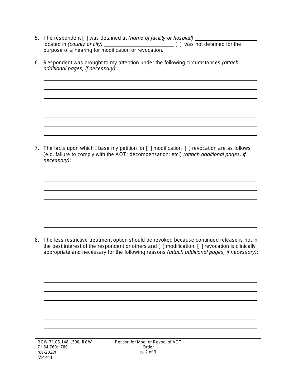 Form MP411 Petition for Assisted Outpatient Treatment (Aot) Order (Ptmaot / Ptraot) - Washington, Page 2