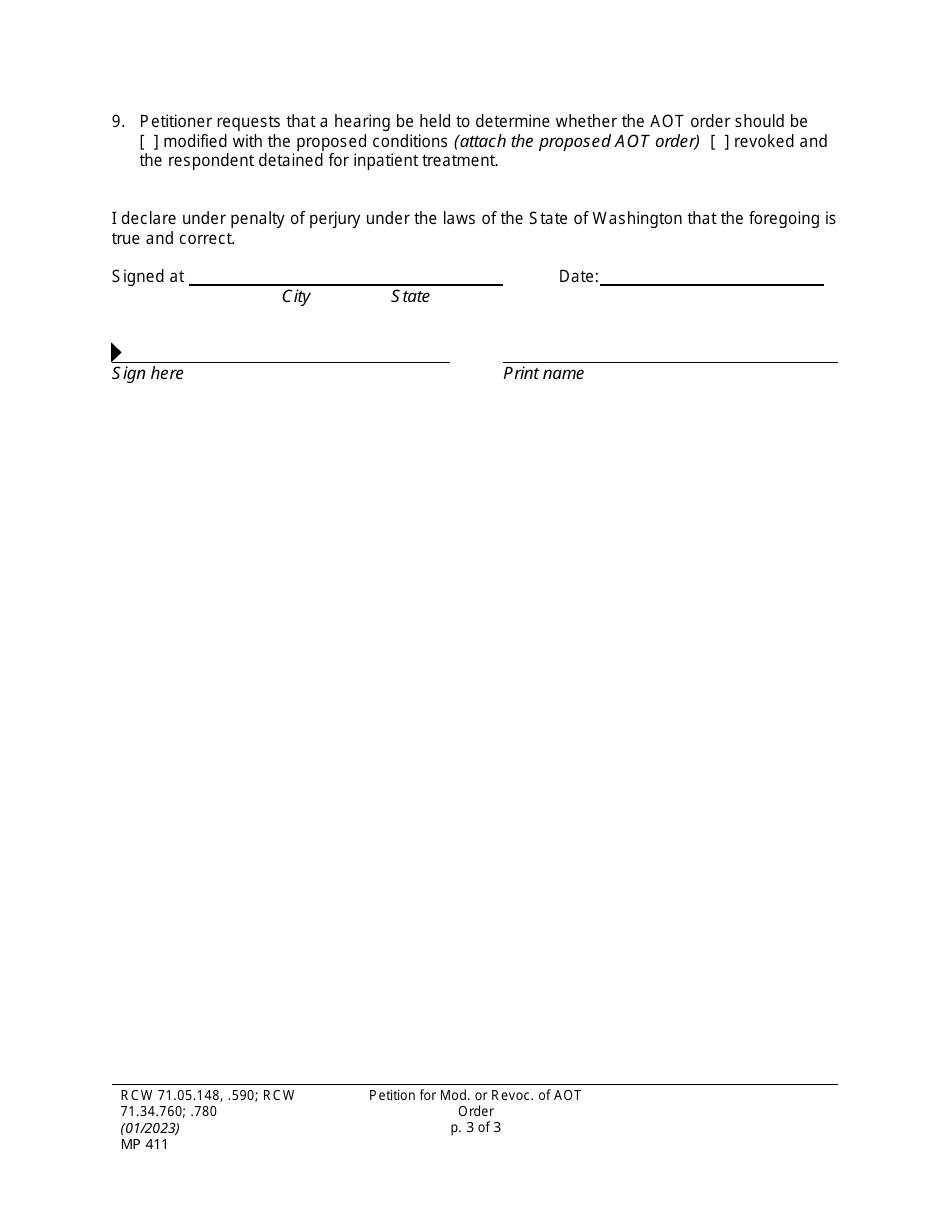 Form MP411 Petition for Assisted Outpatient Treatment (Aot) Order (Ptmaot / Ptraot) - Washington, Page 3
