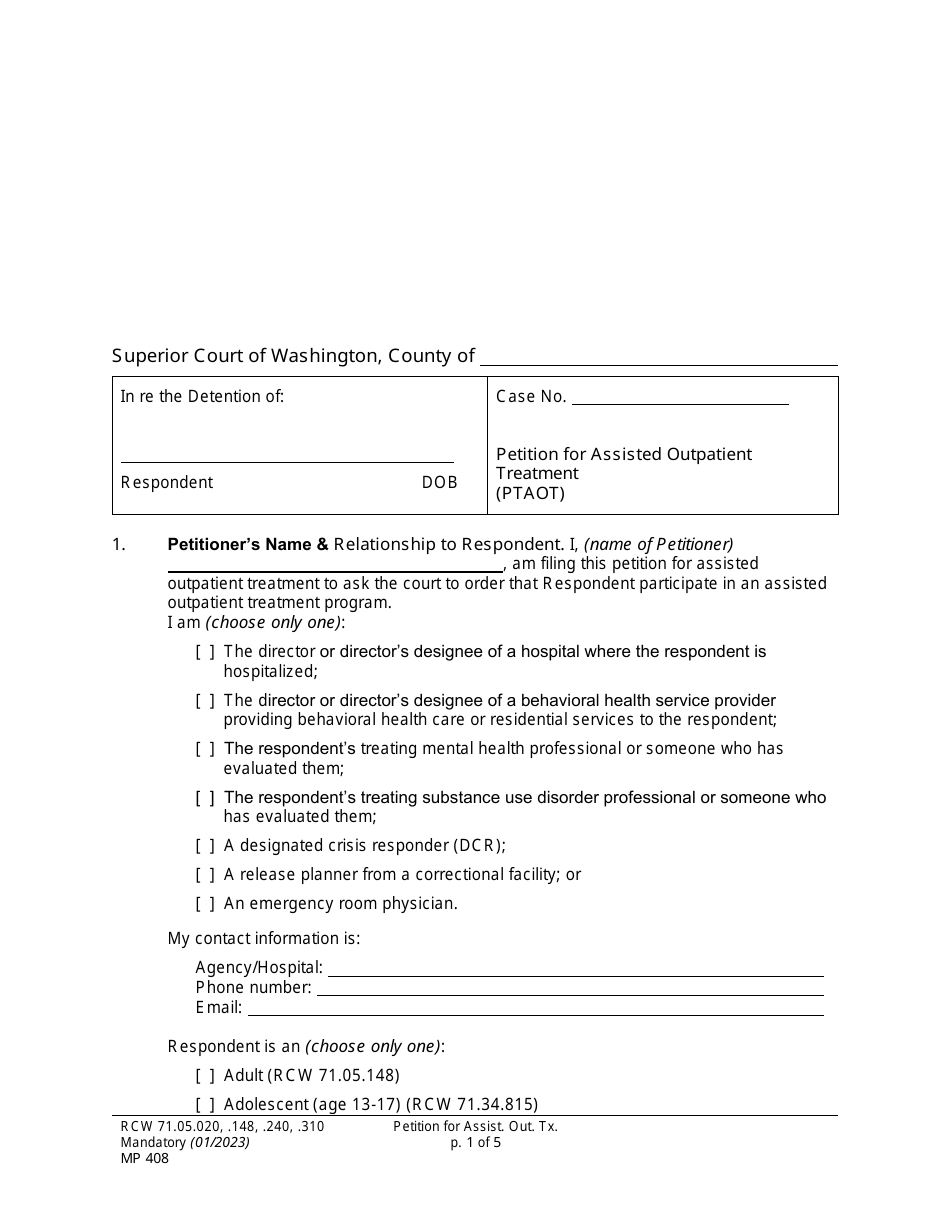 Form MP408 Petition for Assisted Outpatient Treatment (Ptaot) - Washington, Page 1