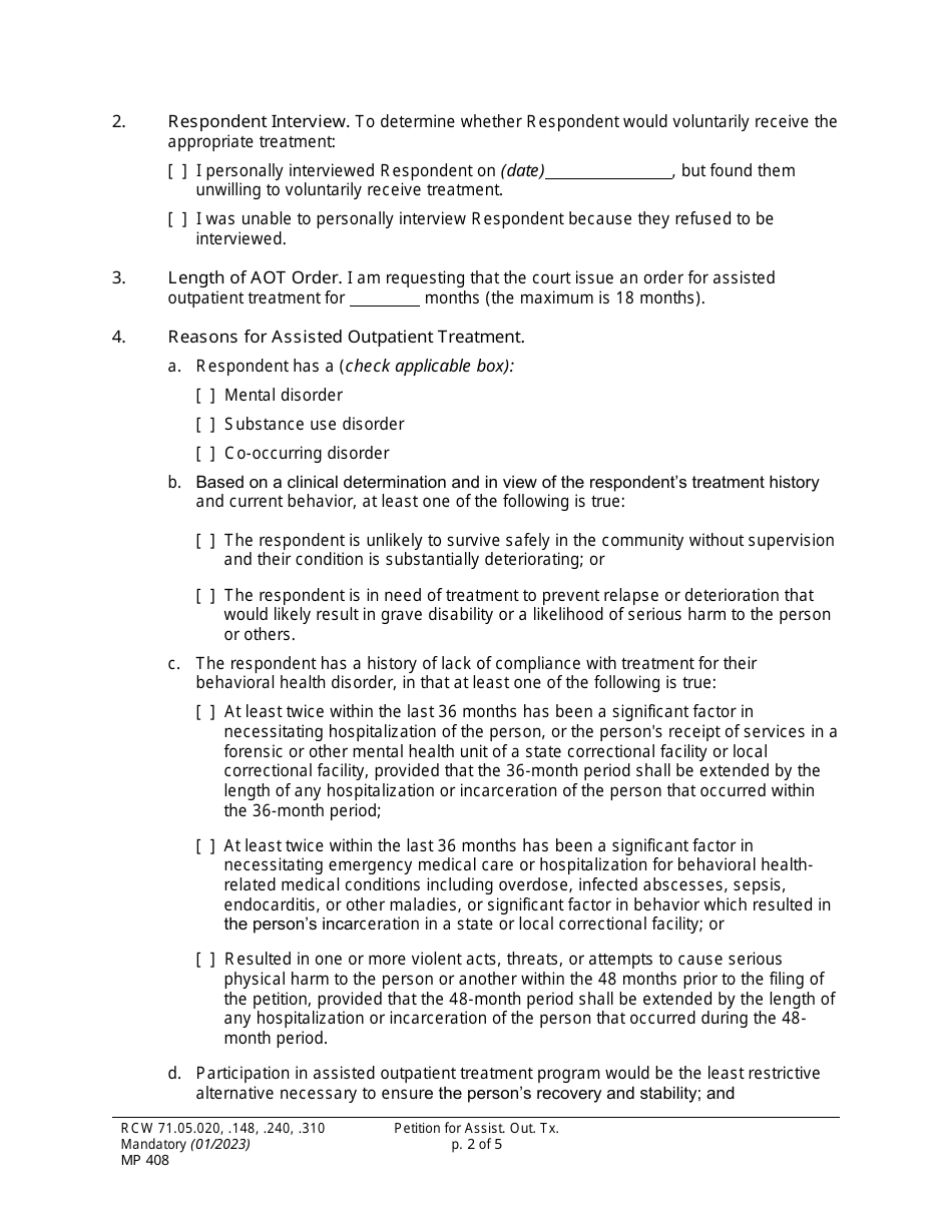 Form MP408 Petition for Assisted Outpatient Treatment (Ptaot) - Washington, Page 2