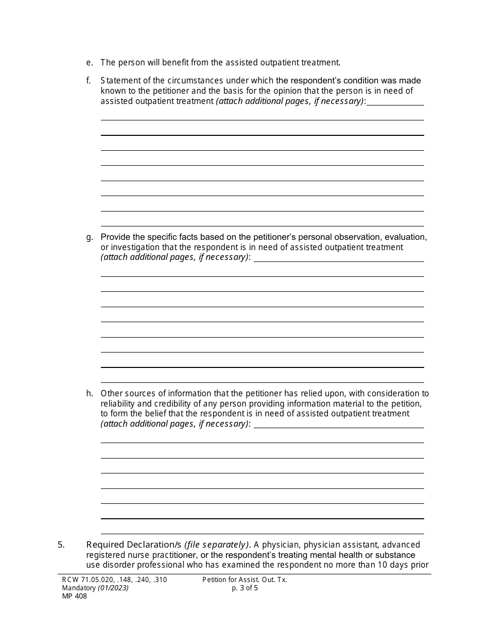 Form MP408 Petition for Assisted Outpatient Treatment (Ptaot) - Washington, Page 3