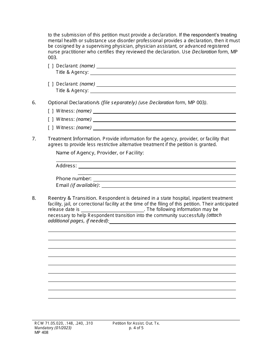 Form MP408 Petition for Assisted Outpatient Treatment (Ptaot) - Washington, Page 4