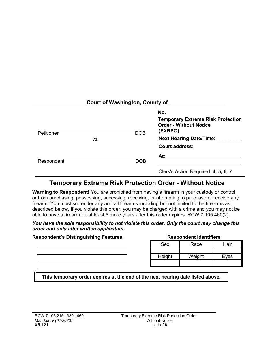 Form XR121 Temporary Extreme Risk Protection Order - Without Notice - Washington, Page 1