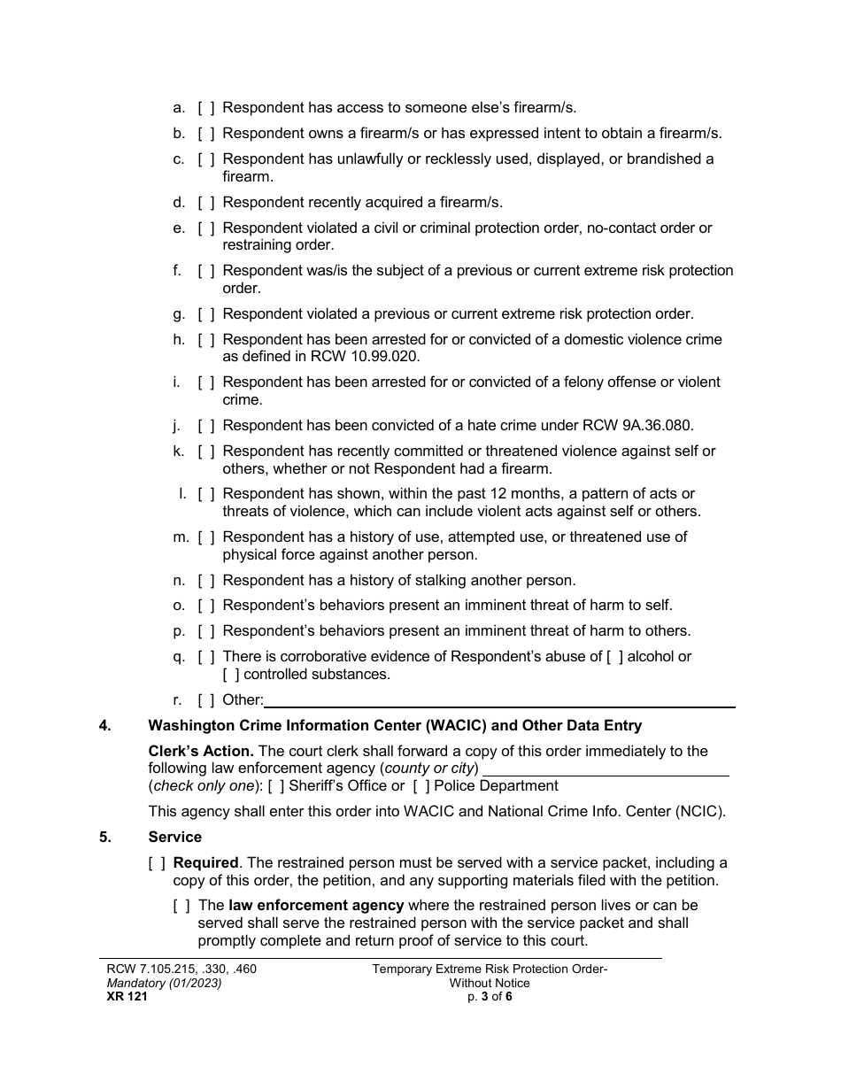 Form XR121 Temporary Extreme Risk Protection Order - Without Notice - Washington, Page 3