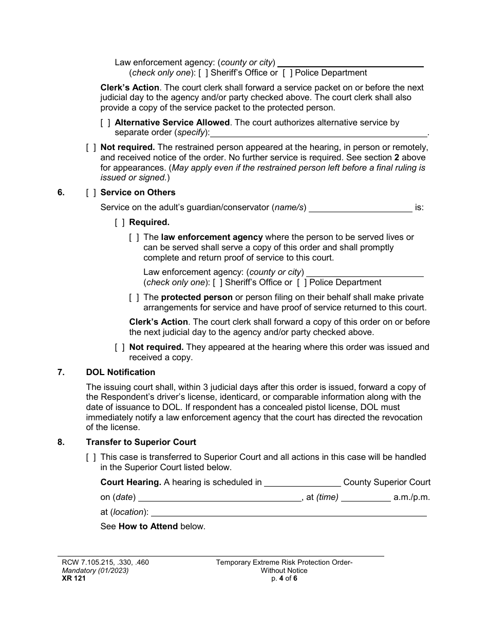 Form XR121 Temporary Extreme Risk Protection Order - Without Notice - Washington, Page 4