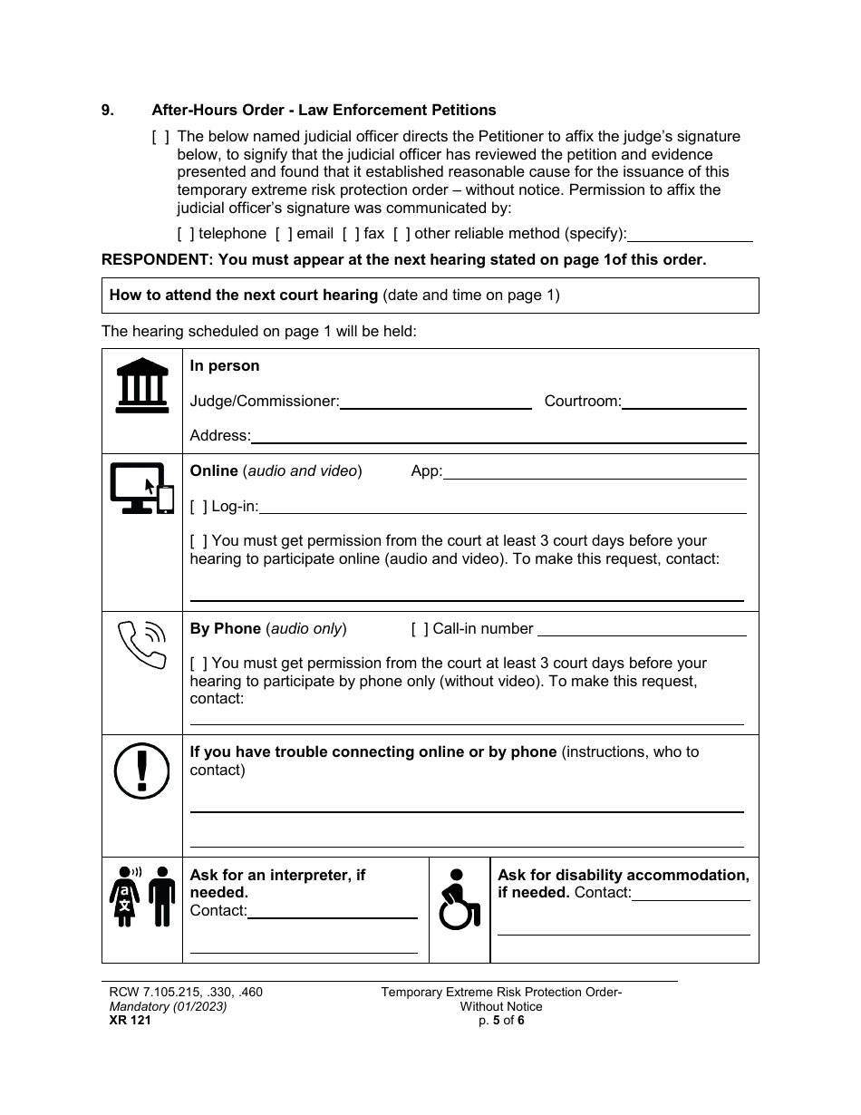 Form XR121 Temporary Extreme Risk Protection Order - Without Notice - Washington, Page 5