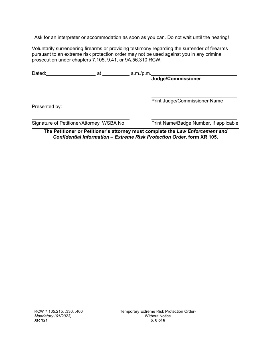 Form XR121 Temporary Extreme Risk Protection Order - Without Notice - Washington, Page 6