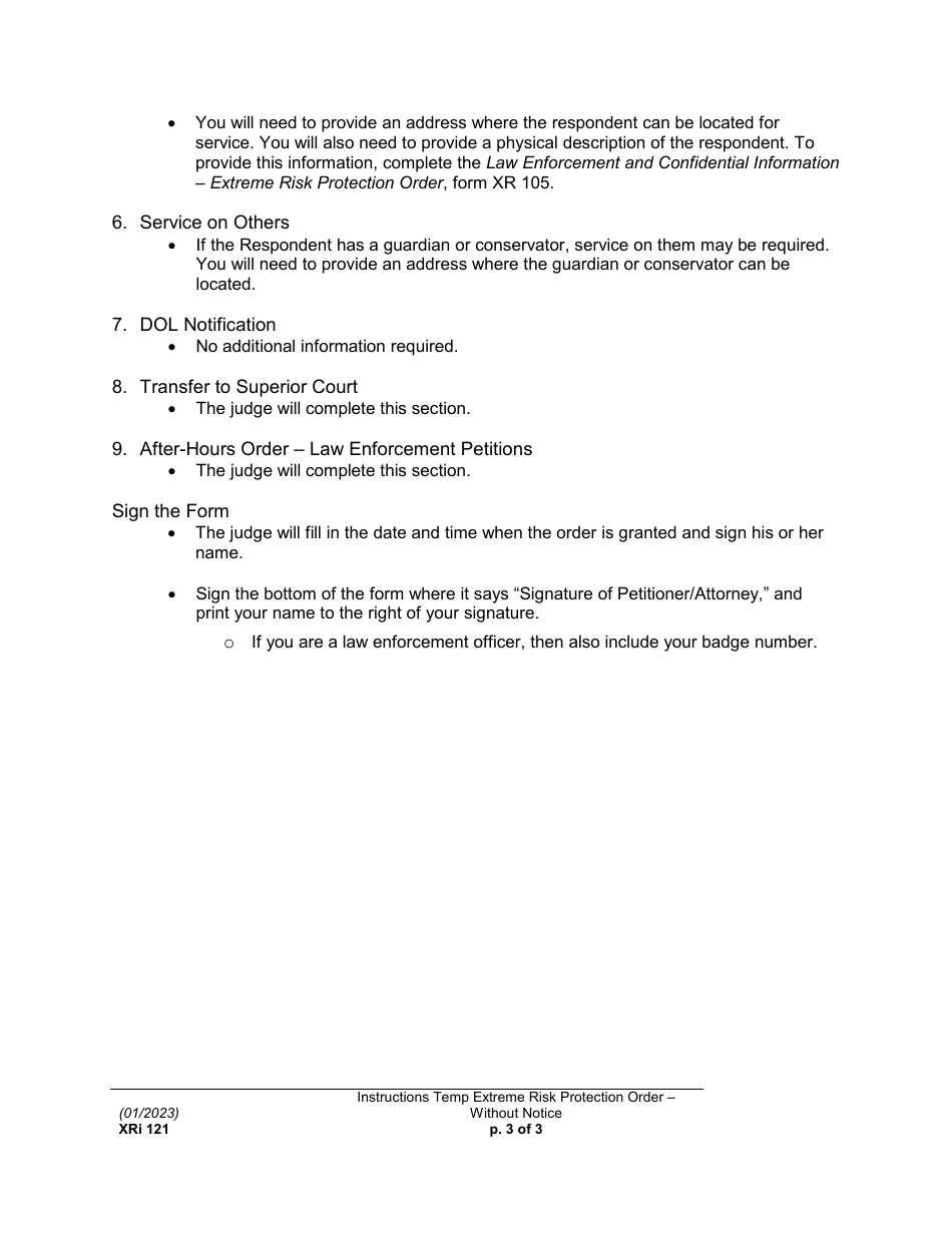 Instructions for Form XR121 Temporary Extreme Risk Protection Order - Without Notice - Washington, Page 3