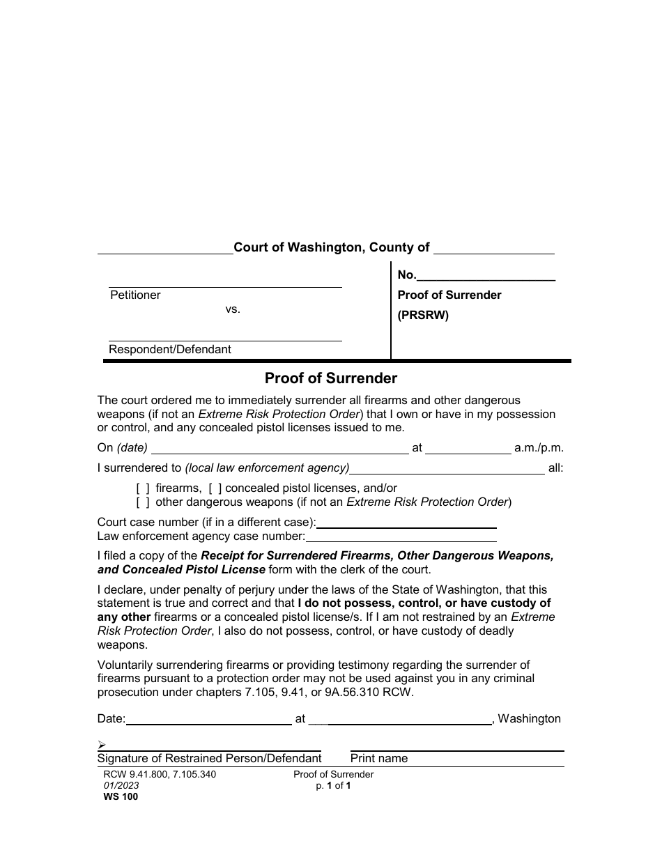 Form WS100 Proof of Surrender - Washington, Page 1