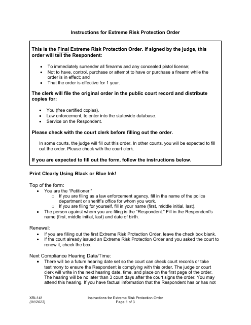 Instructions for Form XR141 Extreme Risk Protection Order - Washington