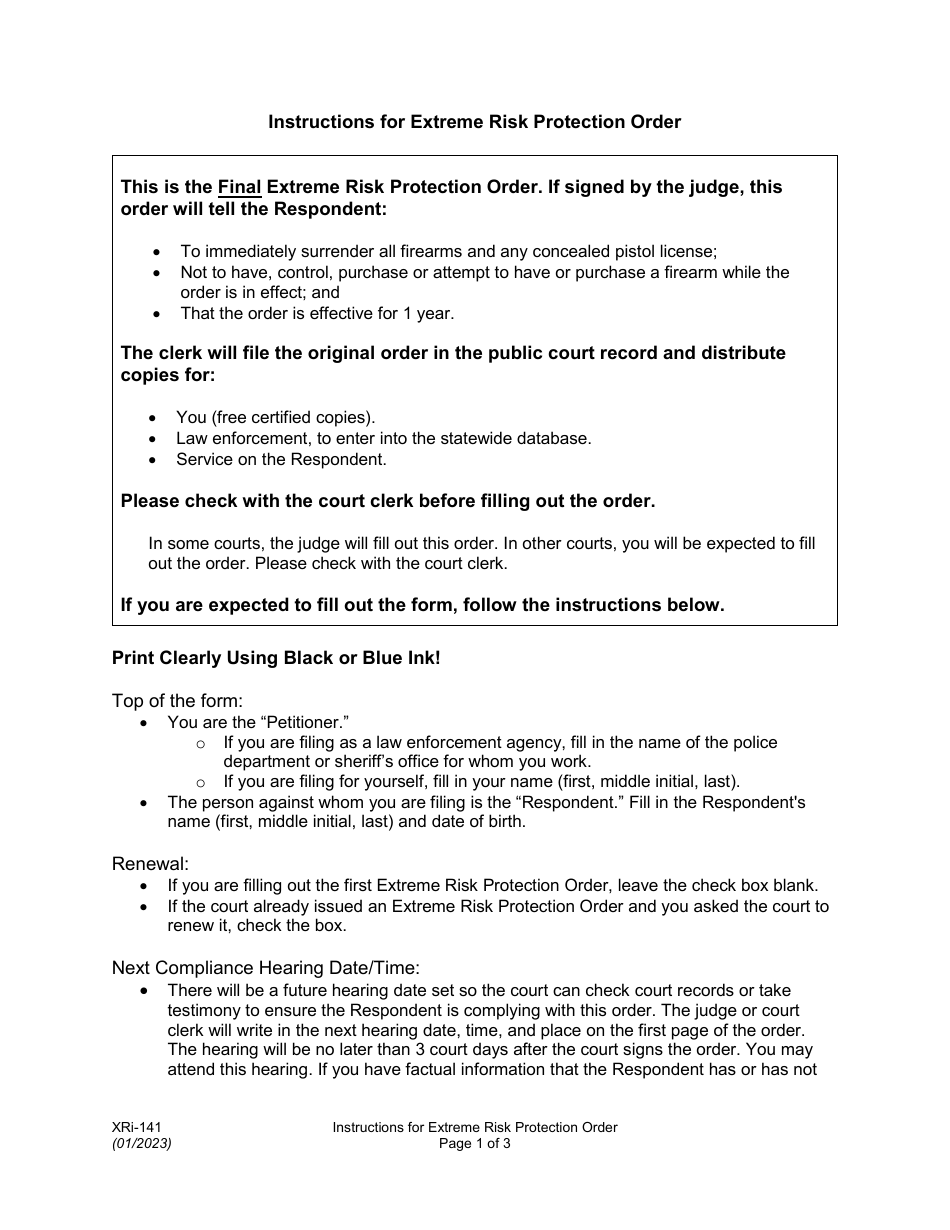Instructions for Form XR141 Extreme Risk Protection Order - Washington, Page 1