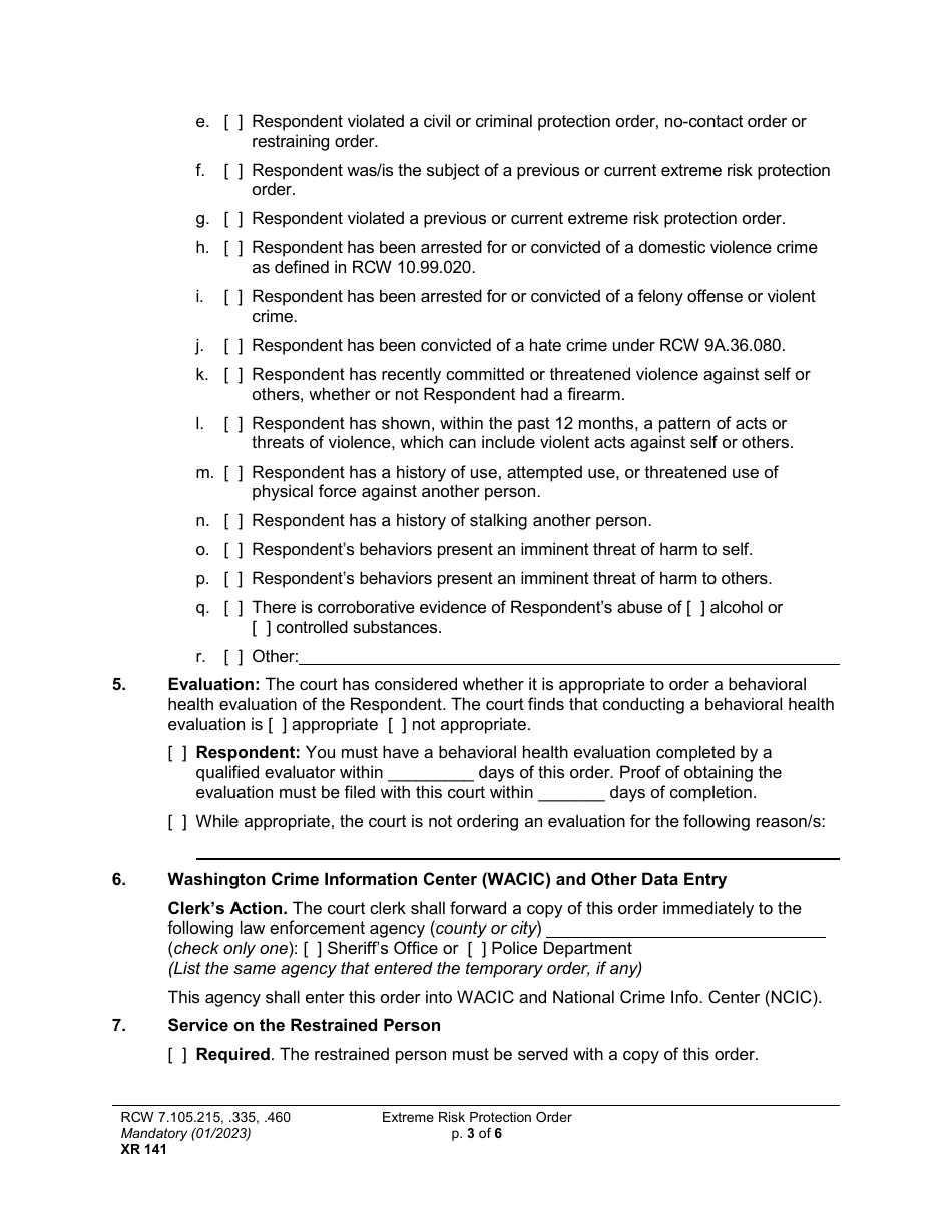 Form XR141 Extreme Risk Protection Order - Washington, Page 3