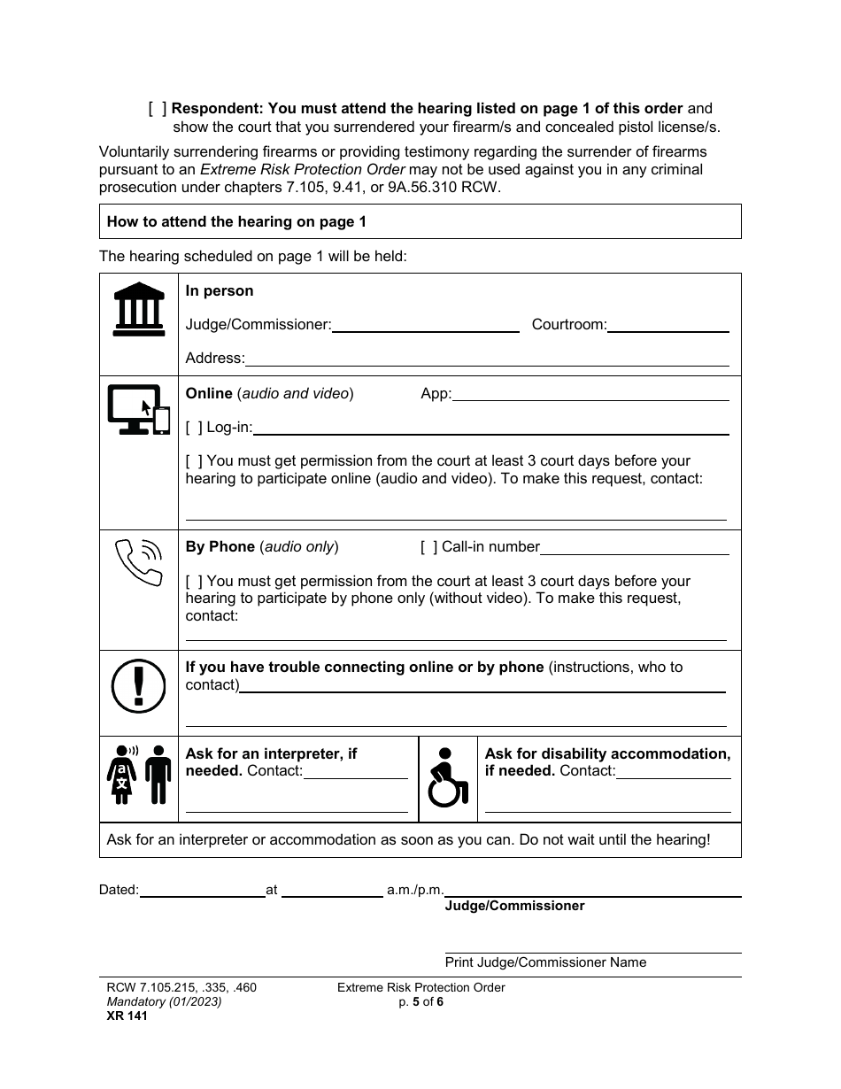 Form XR141 Extreme Risk Protection Order - Washington, Page 5
