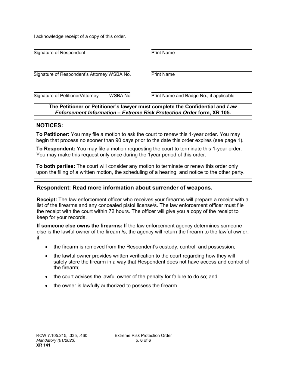 Form XR141 Extreme Risk Protection Order - Washington, Page 6