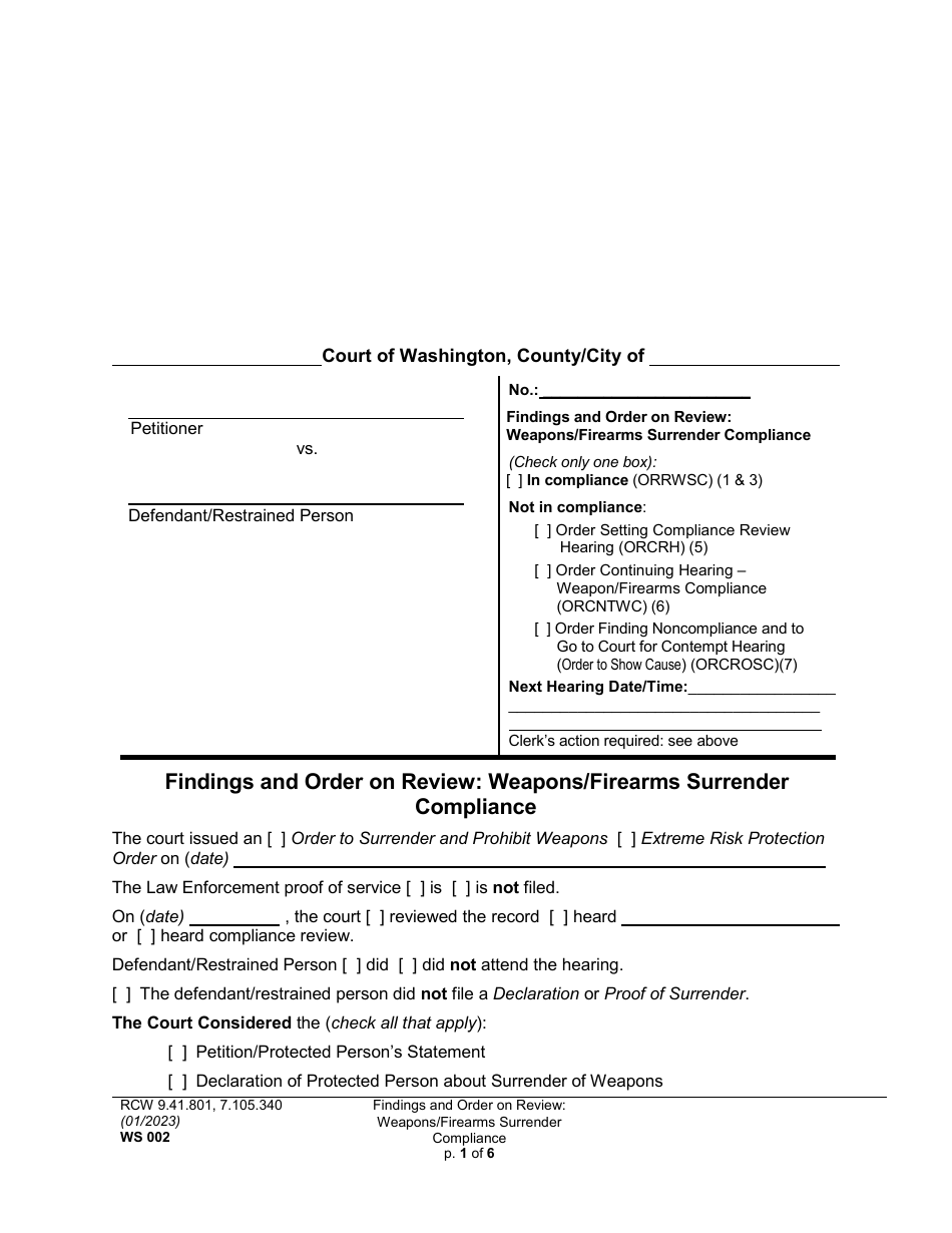 Form WS002 Findings and Order on Review: Weapons / Firearms Surrender Compliance - Washington, Page 1