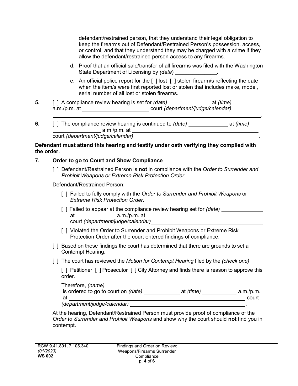 Form WS002 Findings and Order on Review: Weapons / Firearms Surrender Compliance - Washington, Page 4
