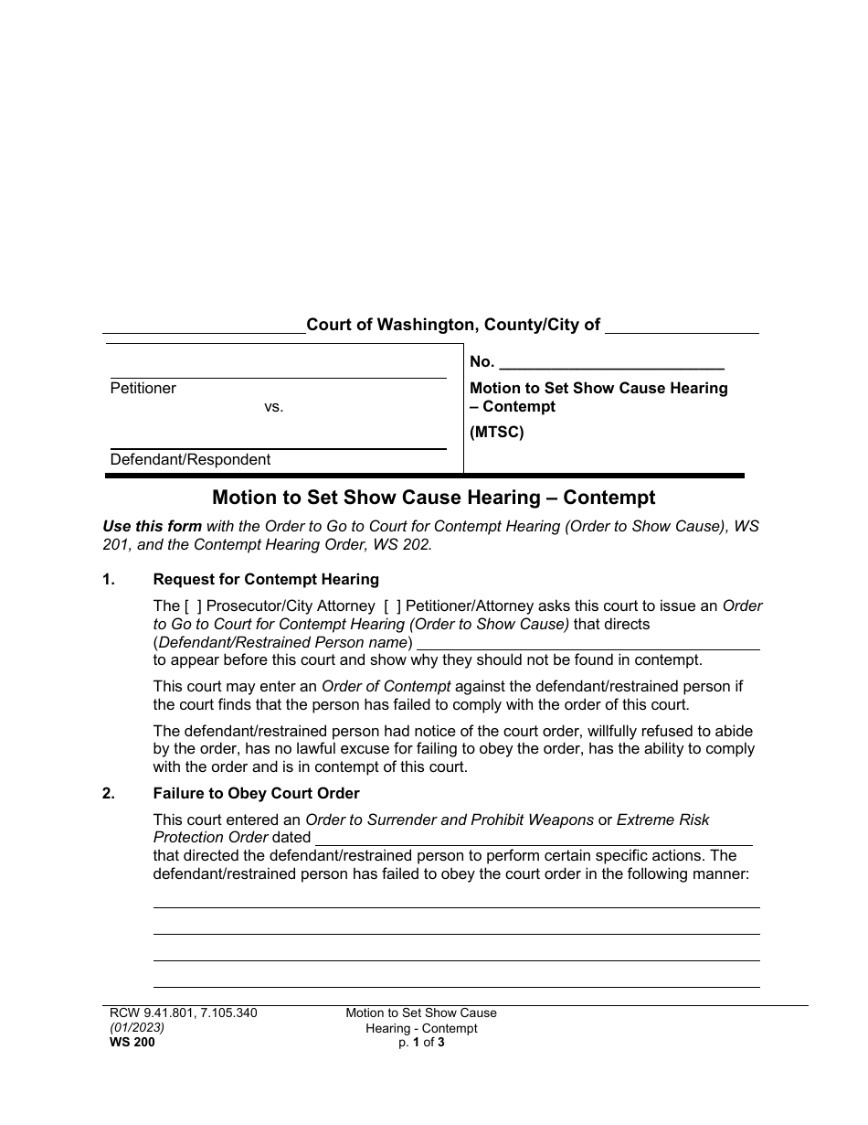 Form WS200 Motion to Set Show Cause Hearing - Contempt - Washington, Page 1