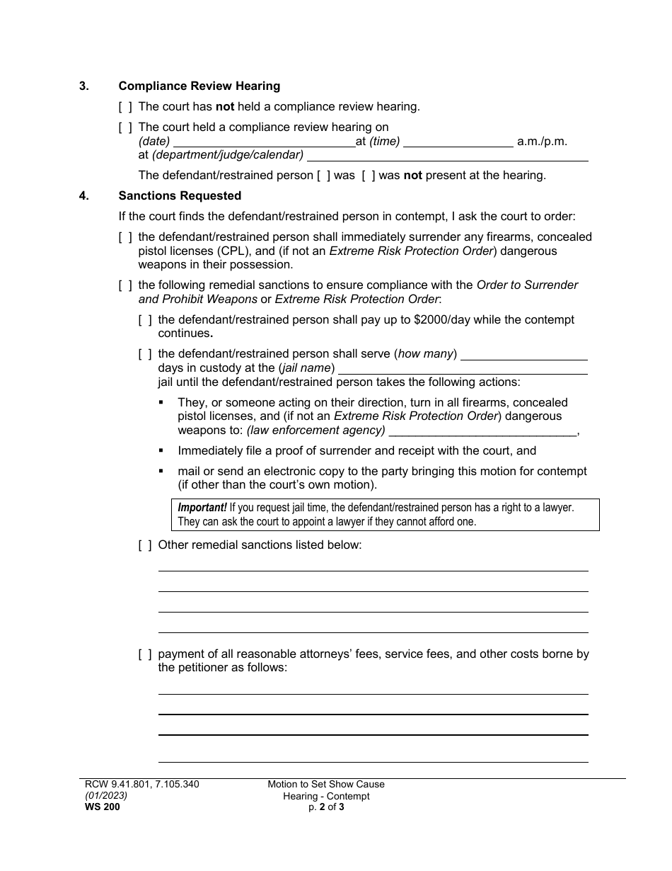 Form WS200 Motion to Set Show Cause Hearing - Contempt - Washington, Page 2