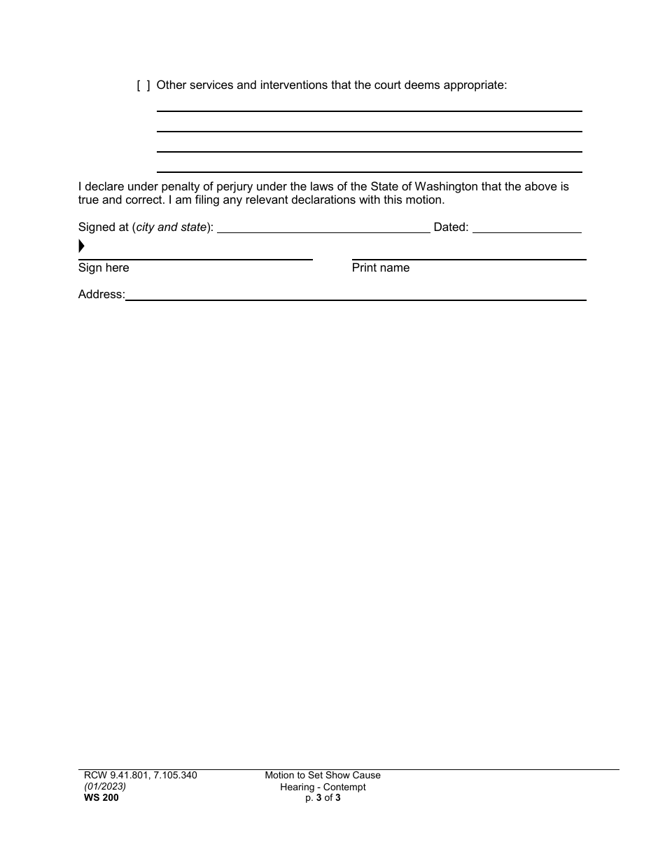 Form WS200 Motion to Set Show Cause Hearing - Contempt - Washington, Page 3