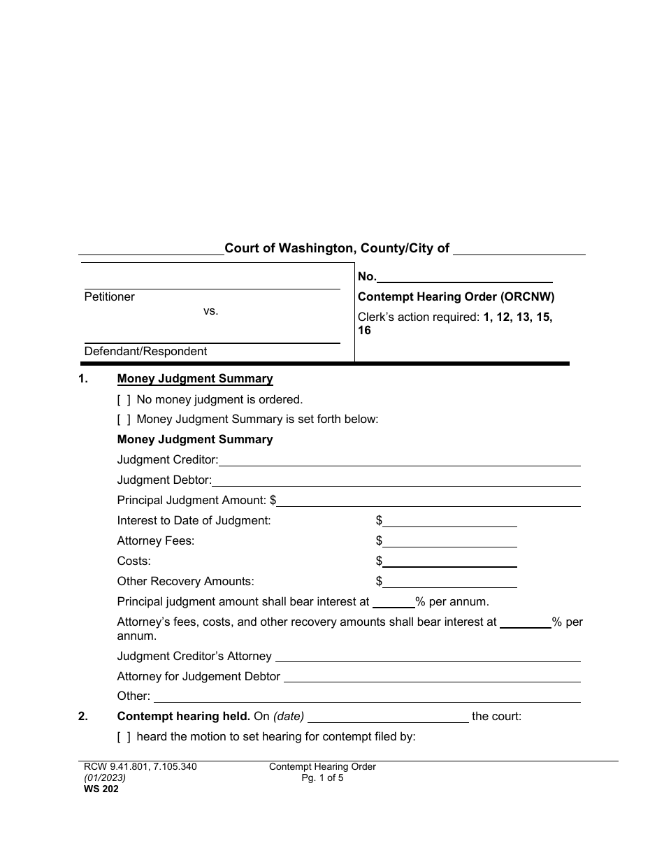 Form WS202 Contempt Hearing Order - Washington, Page 1