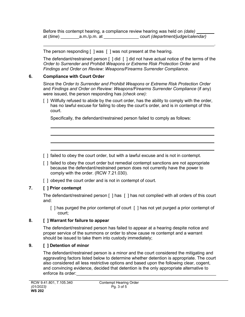 Form WS202 Contempt Hearing Order - Washington, Page 3