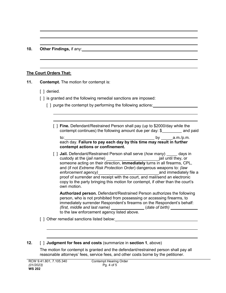 Form WS202 Contempt Hearing Order - Washington, Page 4