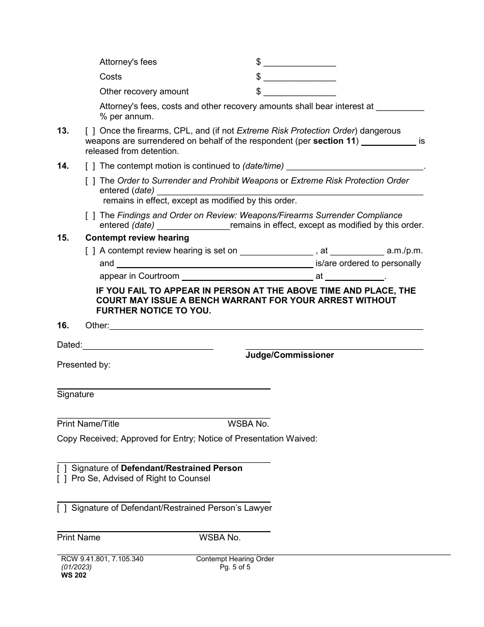 Form WS202 Contempt Hearing Order - Washington, Page 5
