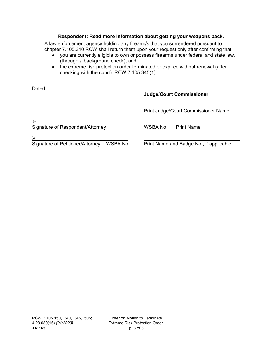 Form XR165 Order on Motion to Terminate Extreme Risk Protection Order - Washington, Page 3