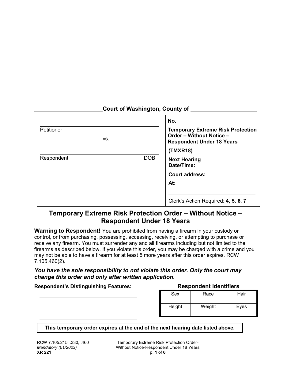 Form XR221 Temporary Extreme Risk Protection Order - Without Notice - Respondent Under 18 Years - Washington, Page 1